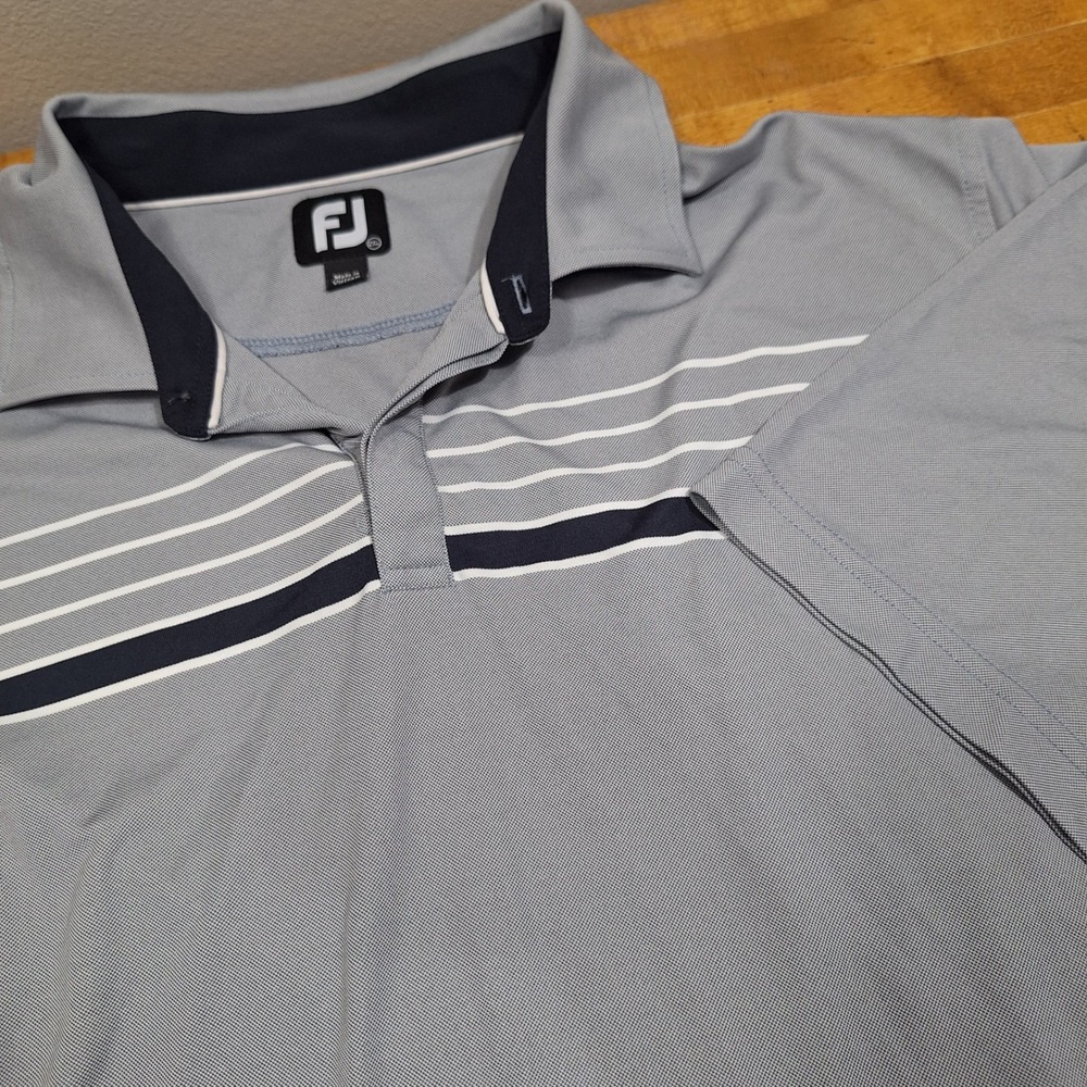 FootJoy‎ Polo Shirt Mens 2XL Gray Navy Striped Performance Golf Short Sleeve Tee